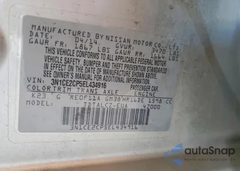 2014 Nissan Versa Note S z USA, uszkodzony, nr VIN 3N1CE2CP5EL434916